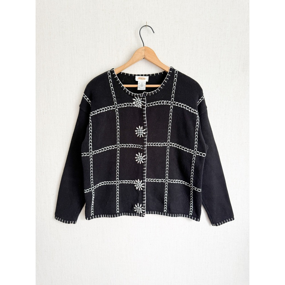 Talbots Cardigan Sweater Grid Blanket Stitch Flower Button M Black White Vintage